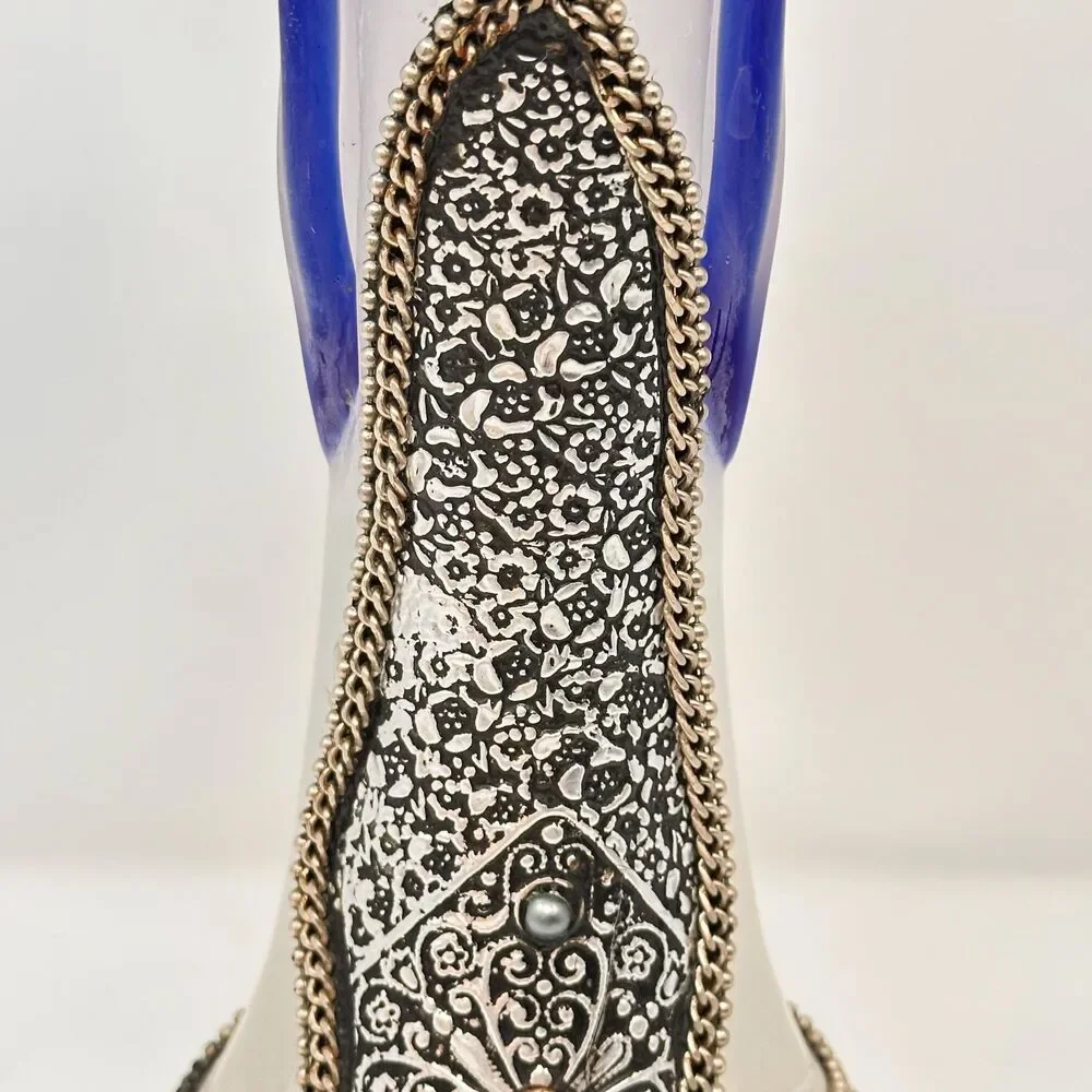 Vintage Moroccan Art Glass Vase Cobalt Blue Ruffled Hand Blown Metal Overlay Boh